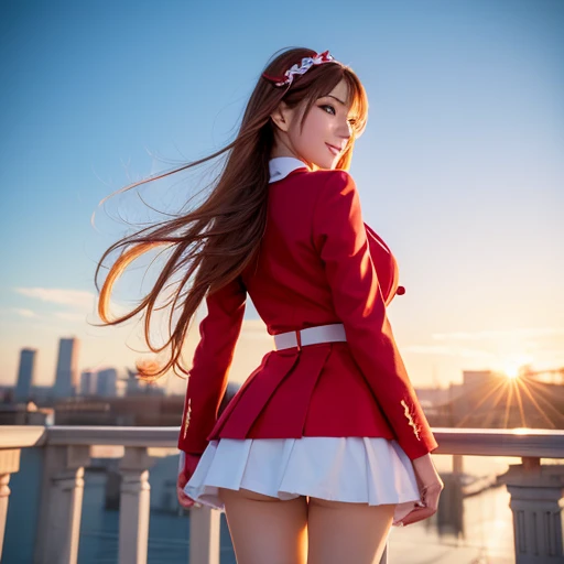 anime style, Beautiful girl, high quality, long straight hair, big tits, turn around, energy, greeting, morning, smile, long red coat, white plain clothes, mini skirt, bow, tights, fascinator, braid, sunny, from behind, sunlight,