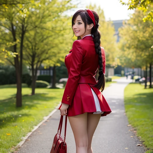 anime style, Beautiful girl, high quality, long straight hair, big tits, turn around, energy, greeting, morning, smile, long red coat, white plain clothes, mini skirt, bow, tights, fascinator, braid, sunny, from behind, sunlight,