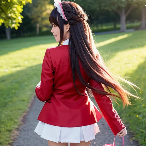 anime style, Beautiful girl, high quality, long straight hair, big tits, turn around, energy, greeting, morning, smile, long red coat, white plain clothes, mini skirt, bow, tights, fascinator, braid, sunny, from behind, sunlight,