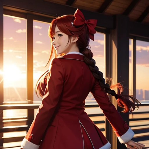 anime style, Beautiful girl, high quality, long straight hair, big tits, turn around, energy, greeting, morning, smile, long red coat, white plain clothes, mini skirt, bow, tights, fascinator, braid, sunny, from behind, sunlight,