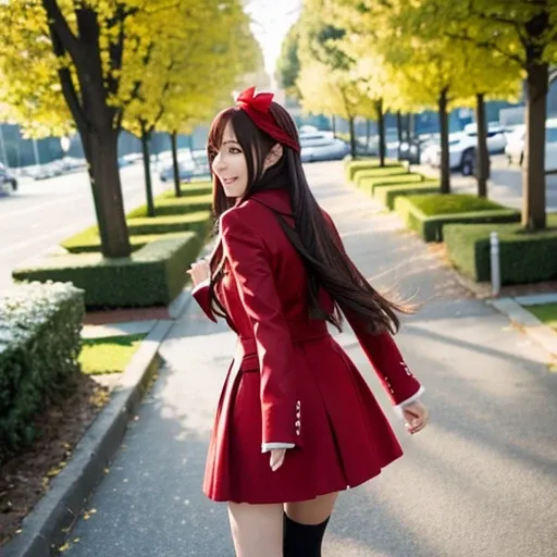 anime style, Beautiful girl, high quality, long straight hair, big tits, turn around, energy, greeting, morning, smile, long red coat, white plain clothes, mini skirt, bow, tights, fascinator, braid, sunny, from behind, sunlight,