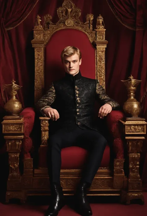 A photo of Joffrey sitting on a lavish throne surrounded by fawning subjects,Game of Thrones TV series,Joffrey Baratheon, a character from “Game of Thrones,” presents with the fair-haired, aristocratic looks typical of the Lannister lineage, often displayi...