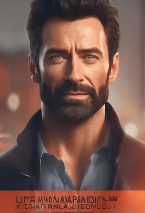 Masterpiece, DSLR photo, Style analogique, Nikon D5, VRAIE PHOTO, une photo de Hugh Jackman avec une barbe grisonnante, dramatic lighting (85 mm), (Detailed facial features), (detailed bright eyes), Angle dynamique, Jeremy Mann, Style Ilya Kuvshinov