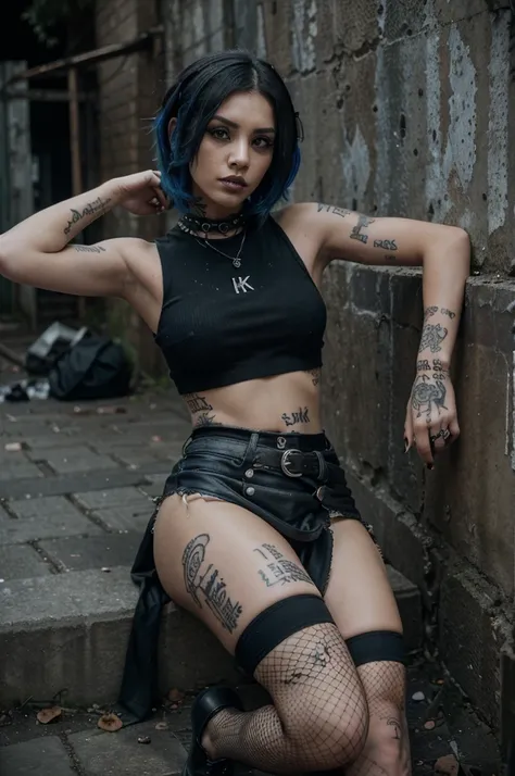 (Best quality, 8k, 32k, masterpiece, UHD: 1.2), two punk rock goth filipinas sitting on a crumbling city wall, city night, urban ghetto, spikey short hair, dyed blue hair, smoking cigarettes, laughing, kicking legs up, mini skirt, torn fishnet stockings, t...