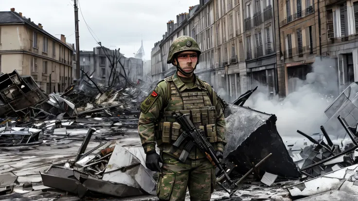 A soldier from a task force, about thirty years old look at France being destroyed