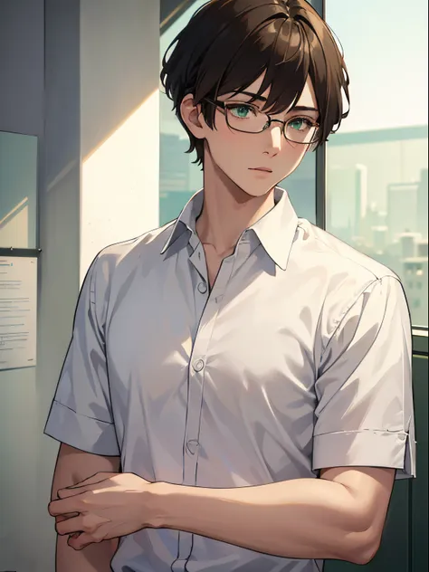 masterpiece, best quality, 1boy, brunette hair, green eyes, two block haircut, short hair, glasses, white shirt, mugshot, wall b...