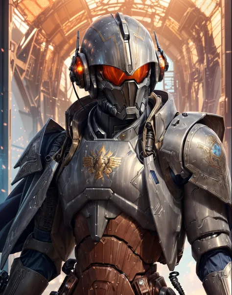 ((An epic and visually stunning digital anime artwork featuring a feminine male space marine clad in a sleek yet tactical white armored military trench coat with a matching (scifi armored mecha helmet with a orange polarized visor))), ((armor plated flat m...