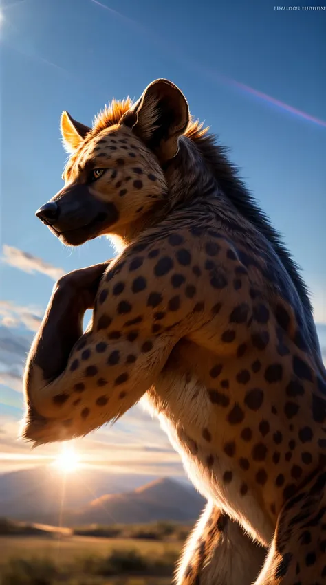 Solo, Sexy, hunk, hyena, pupils, tail, pawpads, hyper-realistic cgi, photorealistic, high detail, realistic:1.5, masterpiece, absurdres, best quality, HDR, high quality, high-definition, extremely detailed, 8k wallpaper, intricate details, 8K uhd, Full-HD,...