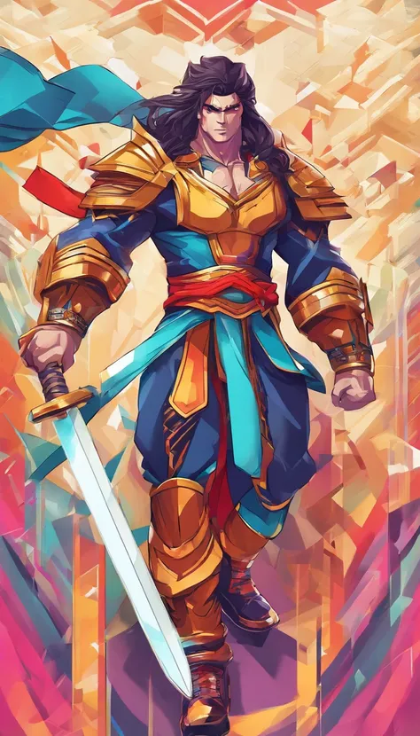 tmasterpiece，Super cool ultimate warrior as kung fu warrior，The expression is serious，Random light and shadow，Random character background，Minimalist style，A glowing sword，Lotus as background，Impeccably clean，need，to emphasize，Bright and colorful shades，3 B...