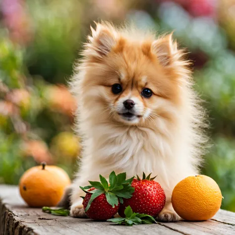 ((Pomeranian It is a small breed of dog. white-yellow fur.. It has two layers of fur.) ((light orange cat.Wear a red plaid shirt.Go shopping for fruit at the fresh fruit market.)) Full body