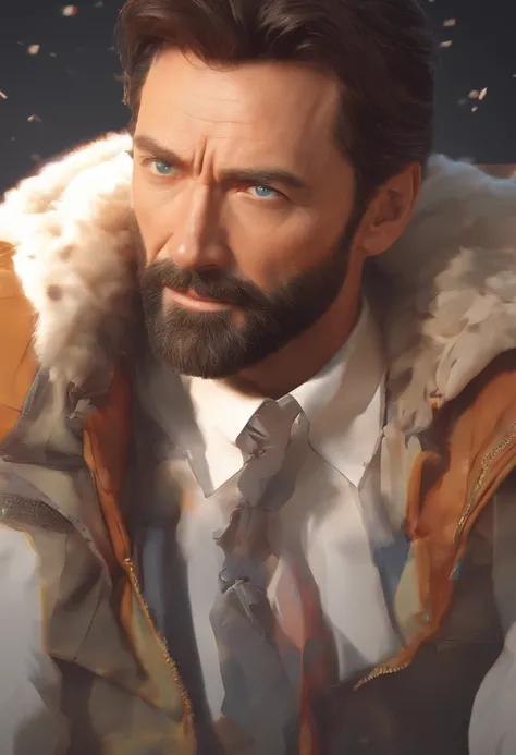 Masterpiece, DSLR photo, Style analogique, Nikon D5, VRAIE PHOTO, une photo de Hugh Jackman avec une barbe grisonnante, dramatic lighting (85 mm), (Detailed facial features), (detailed bright eyes), Angle dynamique, Jeremy Mann, Style Ilya Kuvshinov , prof...