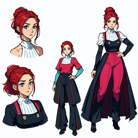 Ana Leal is a 40-year-old woman, (red hair, long hair, hair up to 5 cm below her shoulders), blue eyes, white blouse, pink sweater, black pants, (((best quality))), ((masterpiece)), colorful concept art, highly detailed character design, Highly detailed fa...