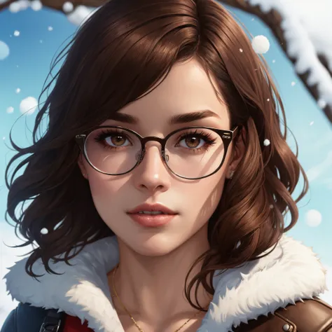 fornite skin: dark brown hair, dark brown eyes, latina, winter, glasses,