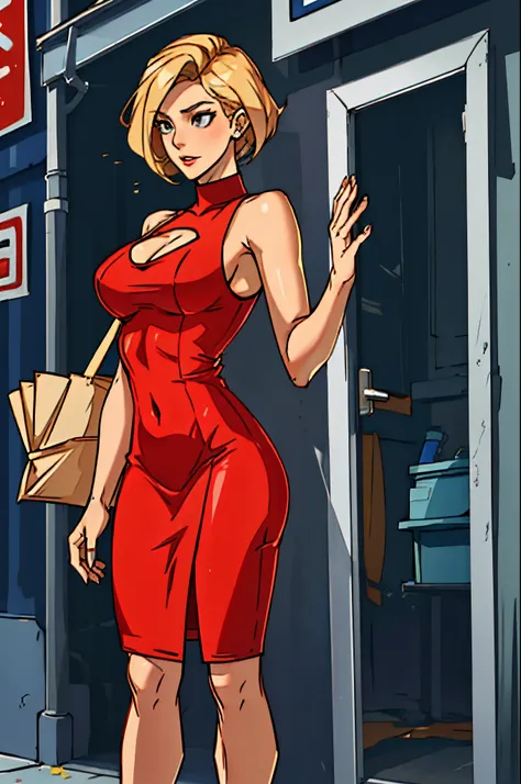 blonde bombshell, tall, spy, red dress