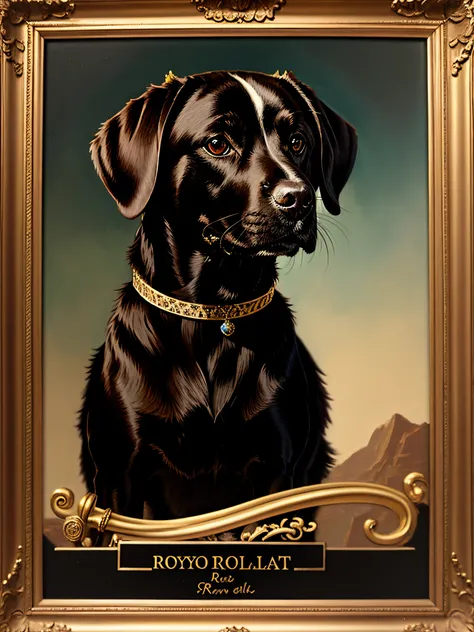 female chocolate lab royal portrait painting with crown and staff