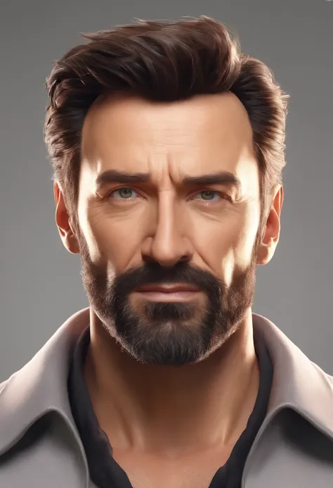 Masterpiece, DSLR photo, Style analogique, Nikon D5, VRAIE PHOTO, une photo de Hugh Jackman avec une barbe grisonnante, dramatic lighting (85 mm), (Detailed facial features), (detailed bright eyes), Angle dynamique, Jeremy Mann, Style Ilya Kuvshinov , prof...