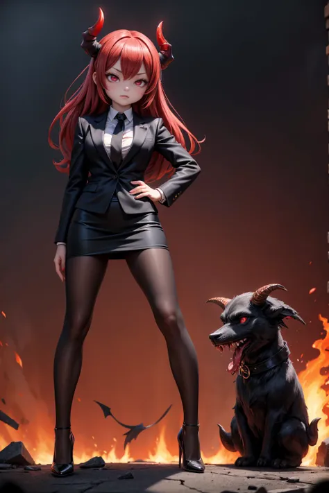 full length view of a Chinese female middle-aged demon, wearing tailored black suit and short black pencil skirt, with stilettos, black tie, blood red eyes, in a fiery hellscape setting