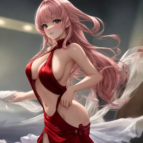 Imgem de anime feminino  de uma jovem de longos cabelos rosa, muito bonita, she is a high quality beauty, com um rosto delicado, bonito, angelical, but also very sensual and sexy,  parecendo puro e lascivo, making it seem contradictory, mas se encaixa muit...