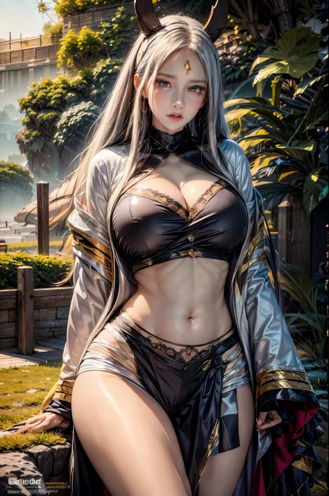 realistic, 1 women, best quality, 12k, HD, long hair, big round breasts, cleavage, ponytail, necklace, jewelry, shorts, short jacket, slim hips, hair tie, yellow eyes, black hair, super detailed, Eye details, hair details, person details, mouth details, fa...