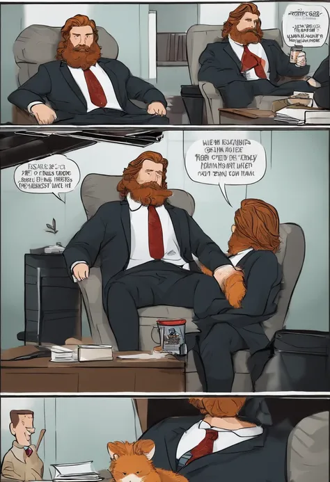 A photo of Harvey lounging on a bean bag chair in the office, surrounded by empty coffee cups and snack wrappers, with a bored expression on his face.,Gotham,Harvey is an older male, with ginger and grey shaggy hair and beard, wears a suit and tie and fedo...