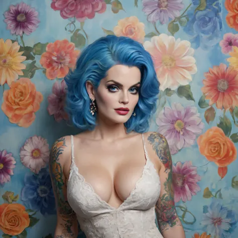 Full Body Portrait, Head to toe, Anna Nicole Smith/Dolly Parton/Christina Hendricks Hybrid, Frankenstein monster, blue hair, bright blue eyes, tender features, slender, completely naked, earrings, full body image head to toe, tattooed, extremely colorful, ...