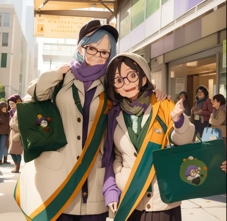 masterpiece, best quality, an old woman with glasses and a scarf on, wearing a purple coat and green scarf, standing at the park