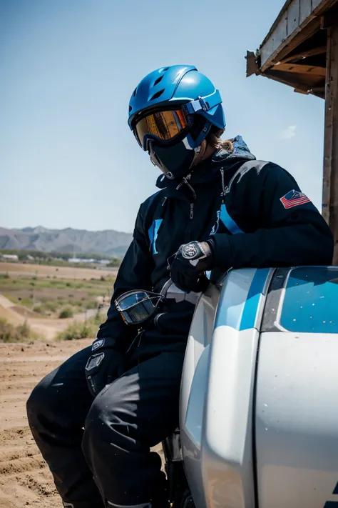 anonymous motocross rider in black jumpsuit with blue details, white helmet with blue details covering entire face, blue ski goggles hiding eyes for anonymity