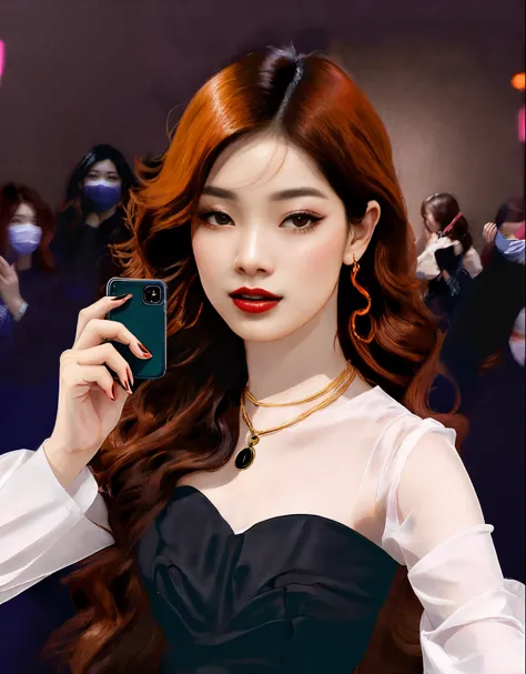 Jennie from Blackpink taking a selfie, her hair is orange, with a fringe, wears a black cropped, the background is a quarter