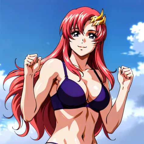 (masterpiece, upper body view, 4K, Best Quality, Anime style: 1.9, far view, Adult Woman, ultra detailed face, (cloud background, wrestling), Drawing lines, high resolution, Anime, lacus4), 1girl, Solo, curvy figure, Long hair, 鎖骨, scapular, (Detailed wide...