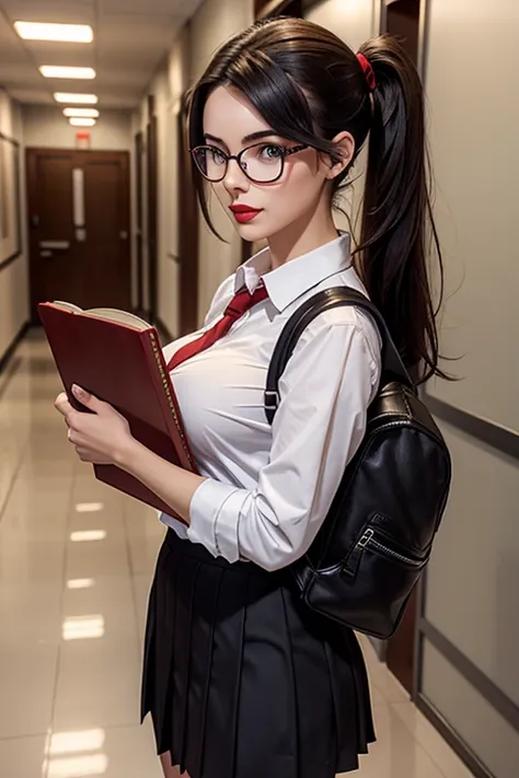 European woman, 30 years old, There is an adult woman in a School Corridor ,Student Uniform, Leather Backpack, Books and Note books in arms, School Skirt, glasses, Dark hair, red lips, Eye shadow, slutty makeup, Ponytails , beautiful chest, big breasts,Sec...