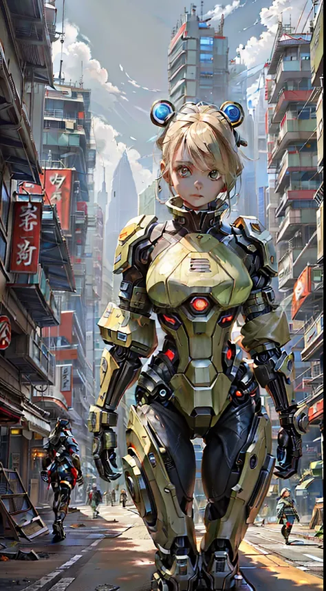 a futuristic sports car on the street of a futuristic city, robotic girl, samurai,