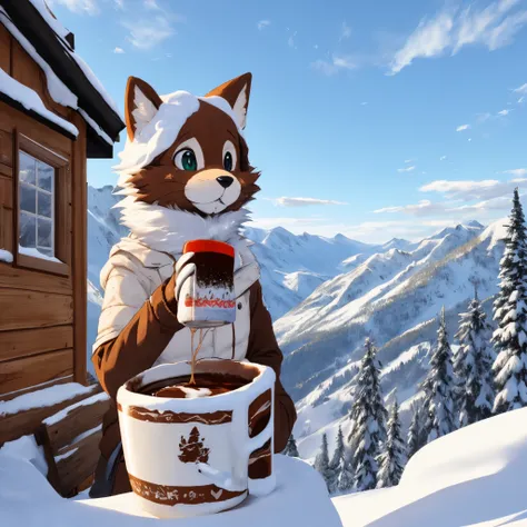 Furry français buvant un chocolat chaud en montagne