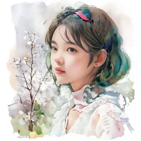 (best quality),(masterpiece:1.2), (colorful:0.9), (ink splashing),(color splashing),((watercolor)), clear sharp focus,
(portrait of cute girl:1.5), cute expression,elegant green colored haircut, beautyfull detailed face and eyes, elegant clothing,  spring ...