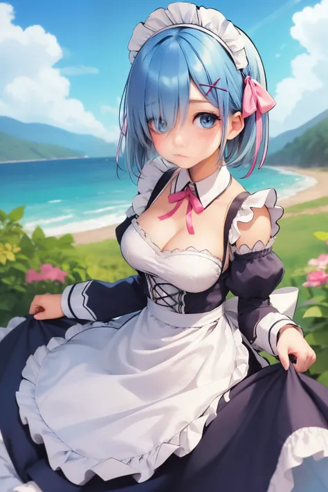 1girl, solo, breasts, looking at viewer, blush, short hair, blue eyes, hair ornament, dress, ribbon, medium breasts, blue hair, hair ribbon, outdoors, detached sleeves, sky, day, hair over one eye, apron, blue sky, maid, maid headdress, x hair ornament, pi...