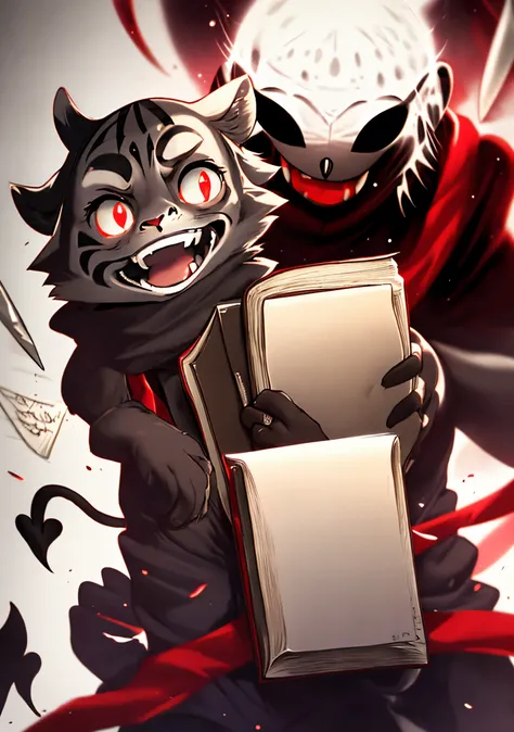 Demon Writing in a book he is laughing with his eyes glowing red