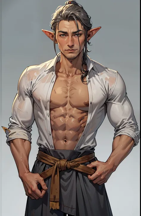 elf man (masculine face)((MALE)) thin face. high. Athletic. beardless((gray background)) pointed ear. sailors clothing (medieval), open shirt, dirty, wet, Asian, squinty eyes, old clothes, tanned skin