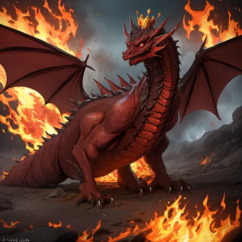 Dark red dragon with crown on its head, fire around it