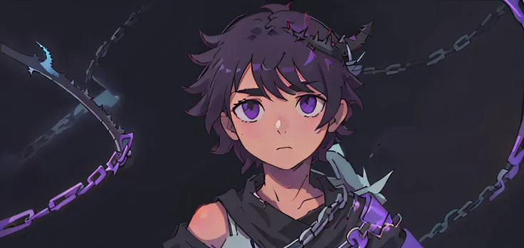 a 14-year-old black boy with curly hair and a crown of thorns on his head, and a chain of thorns on his shoulder. on a black background, purple eyes