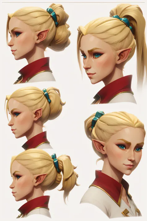 Portrait three quarter view of beautiful female elf, perfect face, detailed blonde hair in a ponytail, eyes like anime, smirking mouth, concept art, confident, harlequin clothes, anime-style