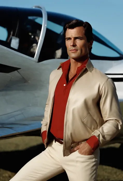 A photo of Bruce Wayne in a vintage pilot outfit, posing next to a small private plane,Batman,Bruce Wayne, the man behind the Batman persona, is a striking figure with a tall, athletic build and sharp, handsome features, often dressed in the finest suits a...