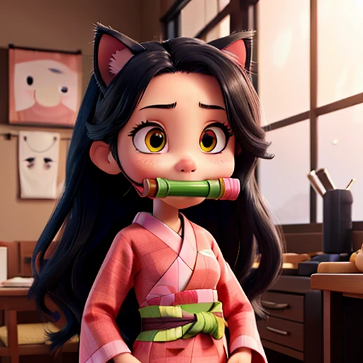 ((A kitten))、(Cats ears)cyberpunked、Wear sunglasses、Nezu furnace, Nezuko Kamado, holding a blue fish in its mouth, (bit gag:1.5), Black hair, (Forehead:1.5), gag, Gagged, Hair Ribbon, Long hair, multicolored hair, (Pink eyes:1.5), Orange hair, Slit pupils,...