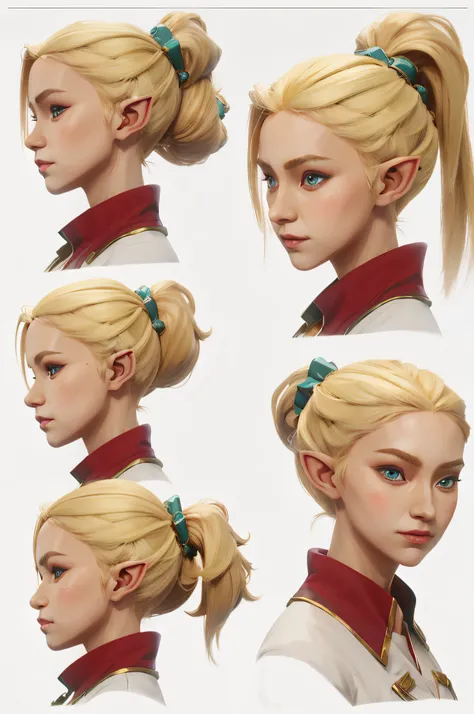 Portrait three quarter view of beautiful female elf, perfect face, detailed blonde hair in a ponytail, eyes like anime, smirking mouth, concept art, confident, harlequin clothes, anime-style