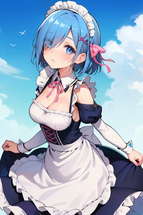 1girl, solo, breasts, looking at viewer, blush, short hair, blue eyes, hair ornament, dress, ribbon, medium breasts, blue hair, hair ribbon, outdoors, detached sleeves, sky, day, hair over one eye, apron, blue sky, maid, maid headdress, x hair ornament, pi...