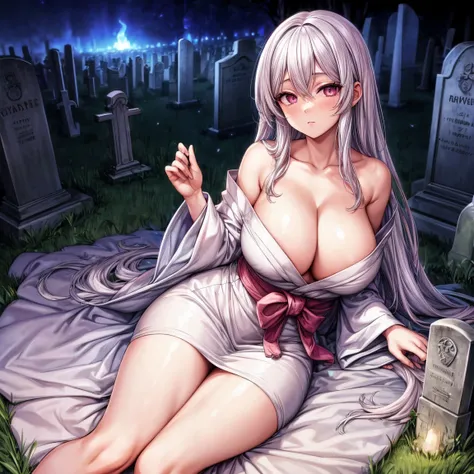 Masterpiece, 1girl,solo,huge breasts, ghost costume , (hitodama) ,night, tombstone, graveyard, long sleeves, very long sleeves, , ghost, pale skin,, off shoulder, cleavage, no bra, (((extremely long white hair))), lying on ground by tombstone, bare legs, s...