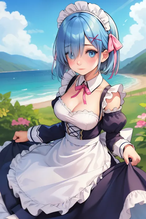 1girl, solo, breasts, looking at viewer, blush, short hair, blue eyes, hair ornament, dress, ribbon, medium breasts, blue hair, hair ribbon, outdoors, detached sleeves, sky, day, hair over one eye, apron, blue sky, maid, maid headdress, x hair ornament, pi...