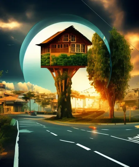 there is a photo of a tree house in the middle of the road, tree house, tree town, bonsai tree house, tree house, cyberpunk tree house, the battle for the treehouse, Modern house made of tree, Foto surreal, Fotomontagem, photo manipulation, Directed by: Na...