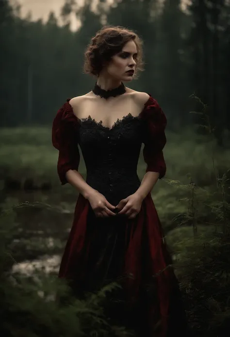 (Hyperrealistic photo, Ultra Detailed, Raw, tmasterpiece), Black Sky, night time, The forest is illuminated by the moon because of the clouds, ominous red reflections in the distance. Drama. vicious woman tragically drowns in a swamp. Gothic dress with sle...