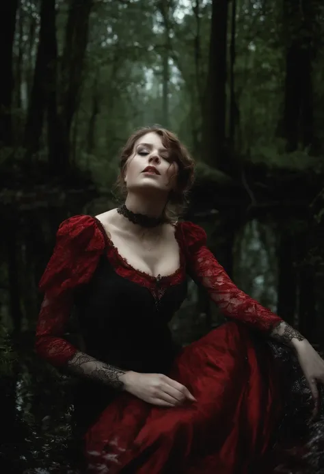 (Hyperrealistic photo, Ultra Detailed, Raw, tmasterpiece), Black Sky, night time, The forest is illuminated by the moon because of the clouds, ominous red reflections in the distance. Drama. vicious woman tragically drowns in a swamp. Gothic dress with sle...