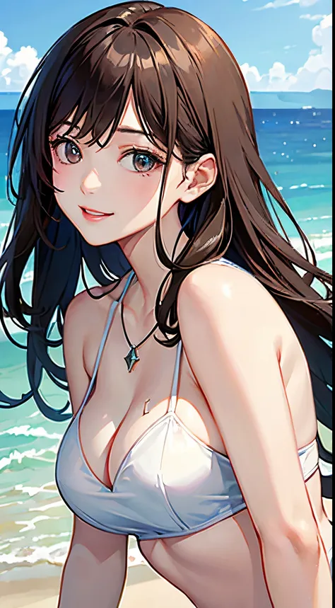 (top-quality、hight resolution、​masterpiece:1.3)、Tall and cute woman、large full breasts、Like K-pop idols２０Year old woman、Dark brown hair styled in loose waves、breastsout、Wearing a pendant、a white bikini、(Coast in the background)、Details exquisitely rendered...