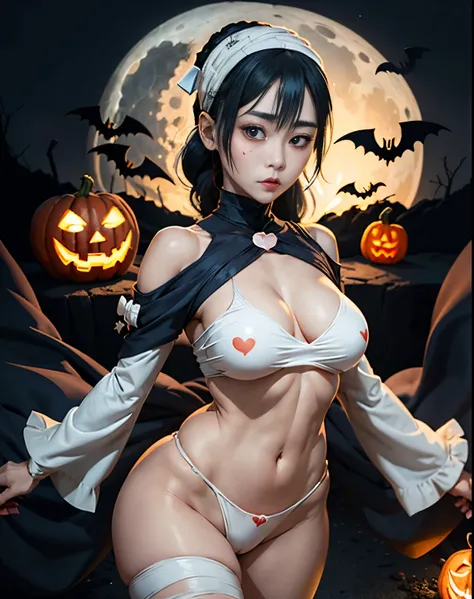 animesque、illustratio、terror, Naked bandage, 1girl in, large full breasts, bandaged, a navel, 独奏, heart mark, red blush, sleeves past wrists, hair between eye, sleeves past fingers, jack-o-lanterns, Look at viewers, Buttocks visible through the thighs, cle...